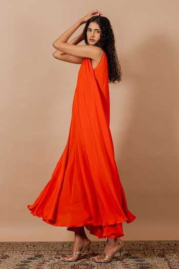 Swatee Singh_Orange Crepe V-neck Siena V Maxi Dress _at_Aza_Fashions