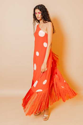 Swatee Singh_Orange Crepe One Shoulder Dora Polka Dot Print Maxi Dress _Online_at_Aza_Fashions