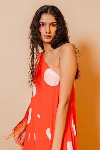 Swatee Singh_Orange Crepe One Shoulder Dora Polka Dot Print Maxi Dress _at_Aza_Fashions