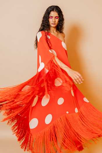 Buy_Swatee Singh_Orange Crepe One Shoulder Dora Polka Dot Print Maxi Dress 