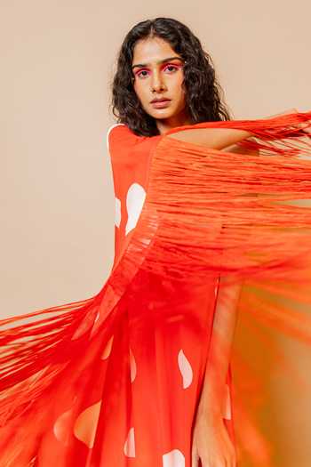 Shop_Swatee Singh_Orange Crepe One Shoulder Dora Polka Dot Print Maxi Dress 