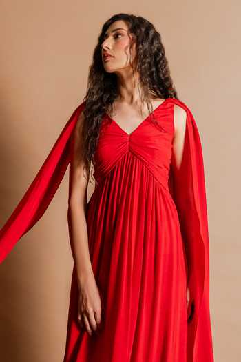 Shop_Swatee Singh_Red Crepe V-neck Adele V Gown _Online_at_Aza_Fashions