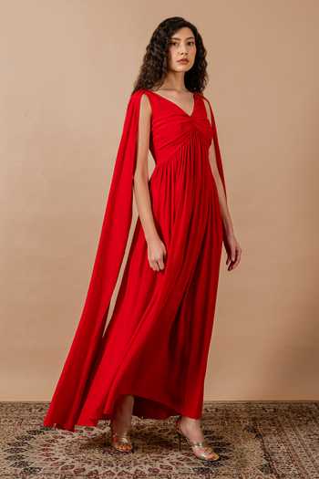 Swatee Singh_Red Crepe V-neck Adele V Gown _at_Aza_Fashions