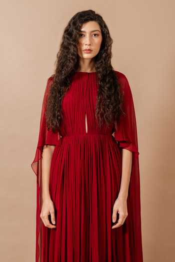 Swatee Singh_Maroon Georgette Round Neck, Split Camellia Ruched Gown _Online_at_Aza_Fashions