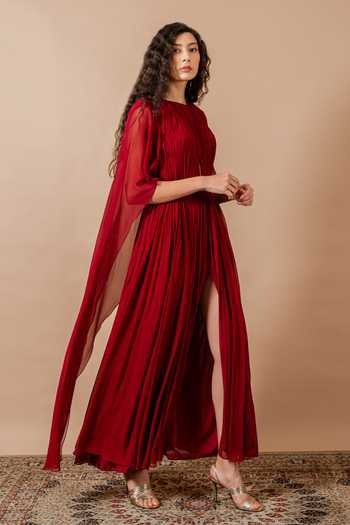 Buy_Swatee Singh_Maroon Georgette Round Neck, Split Camellia Ruched Gown _Online_at_Aza_Fashions