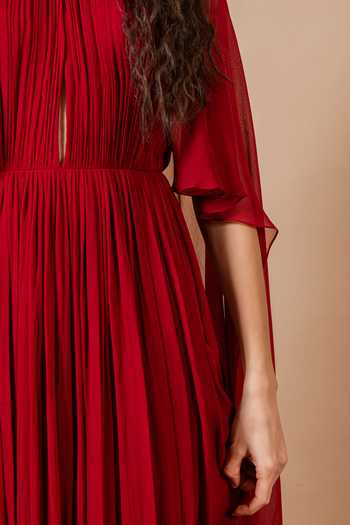 Shop_Swatee Singh_Maroon Georgette Round Neck, Split Camellia Ruched Gown _Online_at_Aza_Fashions