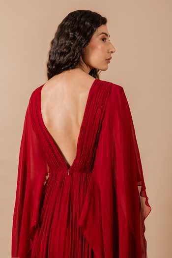 Swatee Singh_Maroon Georgette Round Neck, Split Camellia Ruched Gown _at_Aza_Fashions