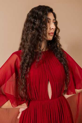 Buy_Swatee Singh_Maroon Georgette Round Neck, Split Camellia Ruched Gown 
