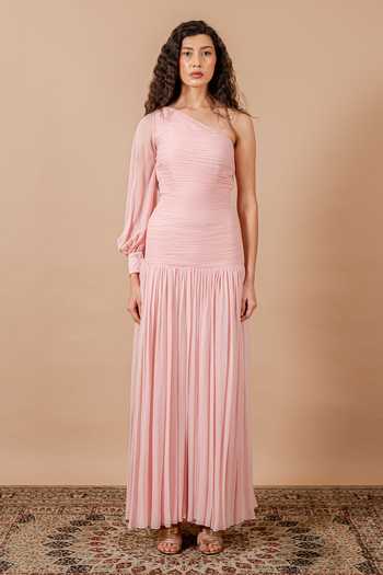 Buy_Swatee Singh_Pink Georgette One Shoulder Elodie Gown _Online_at_Aza_Fashions