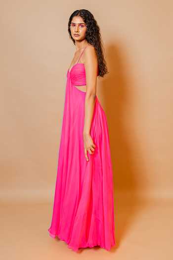 Swatee Singh_Pink Georgette Sweetheart Neck Zinnia Strappy Ruched Gown _Online_at_Aza_Fashions