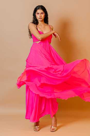 Shop_Swatee Singh_Pink Georgette Sweetheart Neck Zinnia Strappy Ruched Gown _Online_at_Aza_Fashions