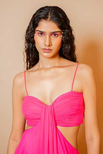 Swatee Singh_Pink Georgette Sweetheart Neck Zinnia Strappy Ruched Gown _at_Aza_Fashions