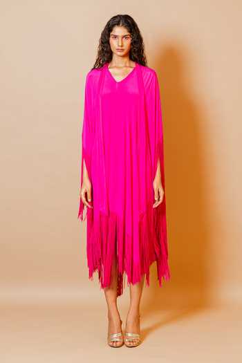 Swatee Singh Fuchsia Georgette Shawl Neck Bougainvillea Fringe Hem Dress Online at Aza Fashions Swatee Singh_Fuchsia Georgette Shawl Neck Bougainvillea Fringe Hem Dress _Online_at_Aza_Fashions