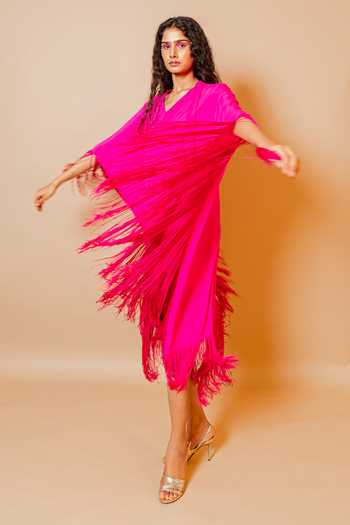 Buy Swatee Singh Fuchsia Georgette Shawl Neck Bougainvillea Fringe Hem Dress Online at Aza Fashions Buy_Swatee Singh_Fuchsia Georgette Shawl Neck Bougainvillea Fringe Hem Dress _Online_at_Aza_Fashions