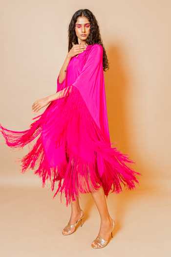 Shop Swatee Singh Fuchsia Georgette Shawl Neck Bougainvillea Fringe Hem Dress Online at Aza Fashions Shop_Swatee Singh_Fuchsia Georgette Shawl Neck Bougainvillea Fringe Hem Dress _Online_at_Aza_Fashions