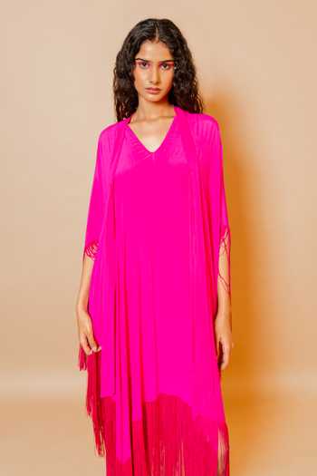 Swatee Singh Fuchsia Georgette Shawl Neck Bougainvillea Fringe Hem Dress at Aza Fashions Swatee Singh_Fuchsia Georgette Shawl Neck Bougainvillea Fringe Hem Dress _at_Aza_Fashions