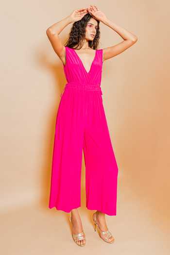 Swatee Singh_Pink Crepe V-neck Viola Jumpsuit _Online_at_Aza_Fashions