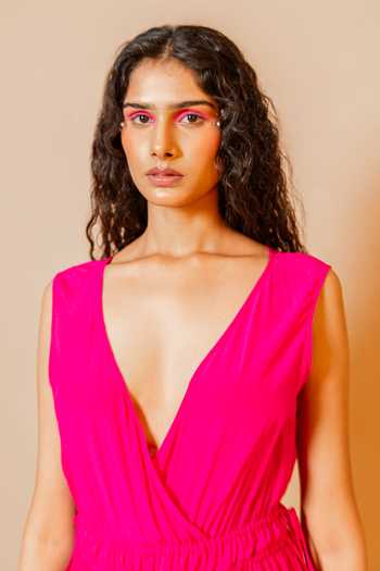 Swatee Singh_Pink Crepe V-neck Viola Jumpsuit _at_Aza_Fashions