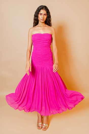 Buy_Swatee Singh_Magenta Georgette Bandeau Neck Dahlia Ruched Dress _Online_at_Aza_Fashions