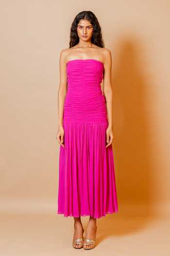 Swatee Singh_Magenta Georgette Bandeau Neck Dahlia Ruched Dress _at_Aza_Fashions