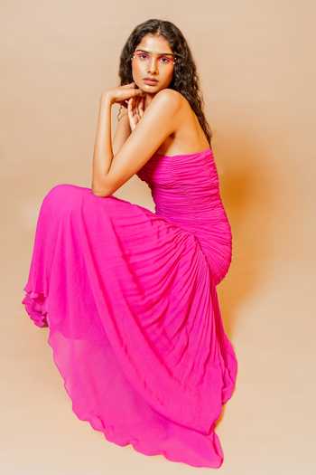 Shop_Swatee Singh_Magenta Georgette Bandeau Neck Dahlia Ruched Dress 