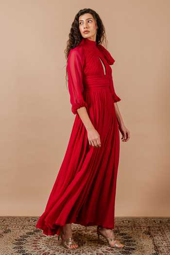 Swatee Singh_Red Georgette High , Keyhole Rosalie Ruched Gown _Online_at_Aza_Fashions