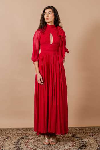 Shop_Swatee Singh_Red Georgette High , Keyhole Rosalie Ruched Gown _Online_at_Aza_Fashions