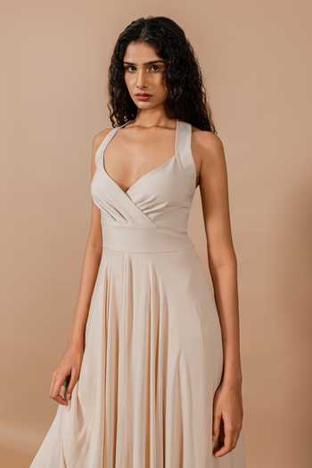 Swatee Singh_Beige Georgette, Crepe V-, Halter Ivy Dress _Online_at_Aza_Fashions