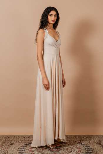 Buy_Swatee Singh_Beige Georgette, Crepe V-, Halter Ivy Dress _Online_at_Aza_Fashions