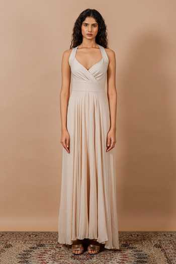Shop_Swatee Singh_Beige Georgette, Crepe V-, Halter Ivy Dress _Online_at_Aza_Fashions