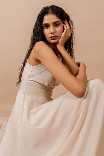 Swatee Singh_Beige Georgette, Crepe V-, Halter Ivy Dress _at_Aza_Fashions