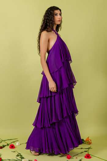 Swatee Singh_Purple Georgette Ruffles Halter Neck Aster Tiered Gown _Online_at_Aza_Fashions