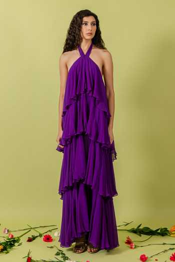Buy_Swatee Singh_Purple Georgette Ruffles Halter Neck Aster Tiered Gown _Online_at_Aza_Fashions