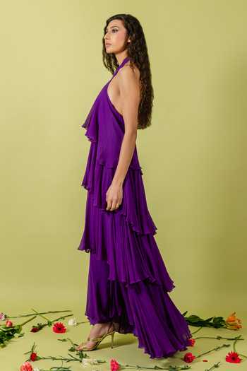 Shop_Swatee Singh_Purple Georgette Ruffles Halter Neck Aster Tiered Gown _Online_at_Aza_Fashions