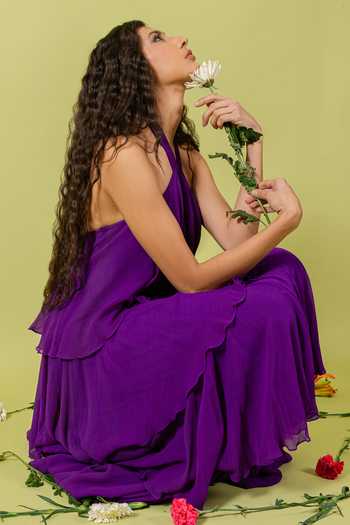 Buy_Swatee Singh_Purple Georgette Ruffles Halter Neck Aster Tiered Gown 