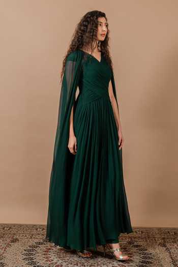 Swatee Singh_Green Georgette V-neck Iris Draped Gown _Online_at_Aza_Fashions