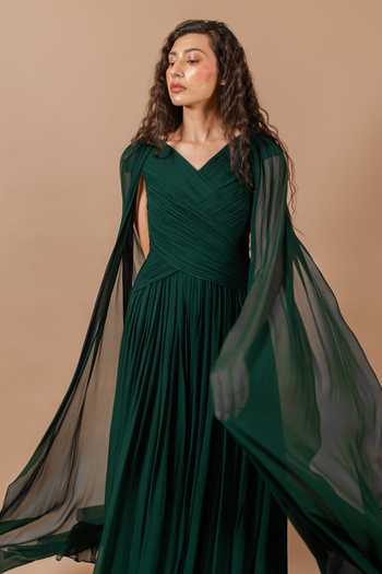 Buy_Swatee Singh_Green Georgette V-neck Iris Draped Gown _Online_at_Aza_Fashions