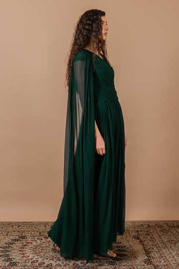 Shop_Swatee Singh_Green Georgette V-neck Iris Draped Gown _Online_at_Aza_Fashions