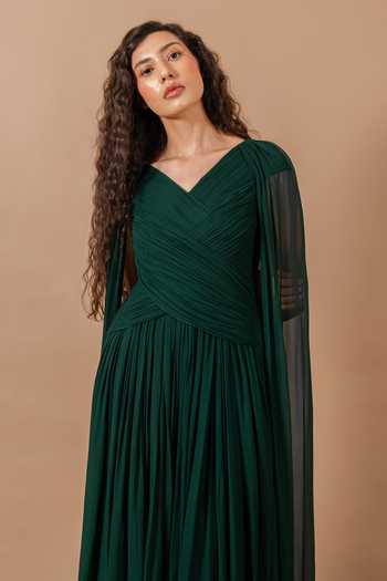 Swatee Singh_Green Georgette V-neck Iris Draped Gown _at_Aza_Fashions