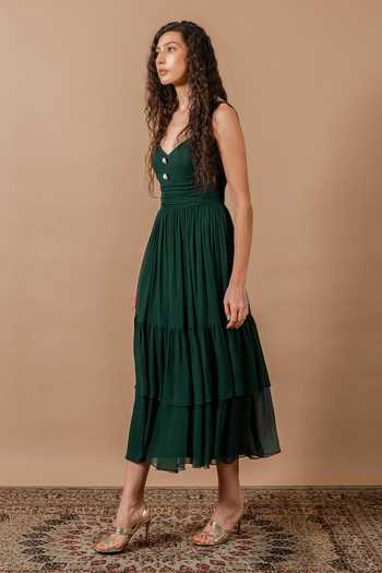 Shop_Swatee Singh_Emerald Green Georgette, Crepe Sweetheart Neck Camellia Pleated Midi Dress _Online_at_Aza_Fashions