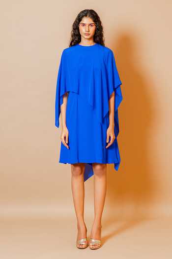 Swatee Singh_Blue Crepe Round Neck Raina Asymmetric Dress _Online_at_Aza_Fashions