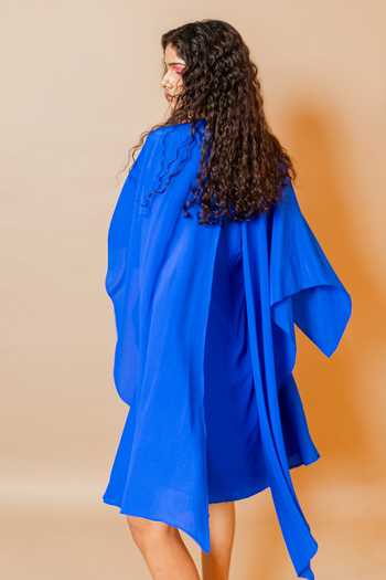 Swatee Singh_Blue Crepe Round Neck Raina Asymmetric Dress _at_Aza_Fashions