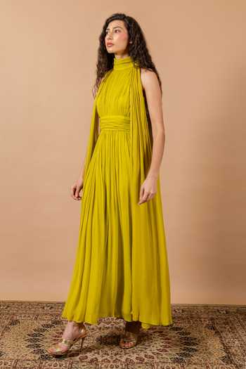 Swatee Singh_Green Georgette High Neck Clover Ruched Draped Gown _Online_at_Aza_Fashions