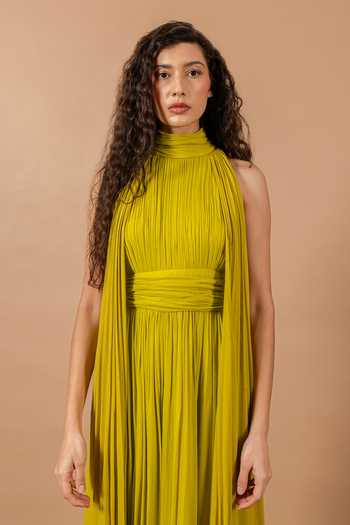 Buy_Swatee Singh_Green Georgette High Neck Clover Ruched Draped Gown _Online_at_Aza_Fashions