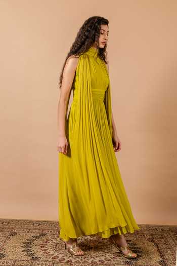 Shop_Swatee Singh_Green Georgette High Neck Clover Ruched Draped Gown _Online_at_Aza_Fashions