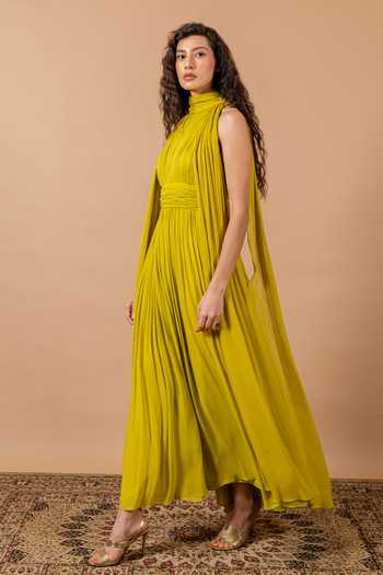Swatee Singh_Green Georgette High Neck Clover Ruched Draped Gown _at_Aza_Fashions