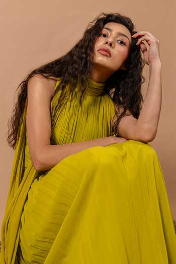 Buy_Swatee Singh_Green Georgette High Neck Clover Ruched Draped Gown 