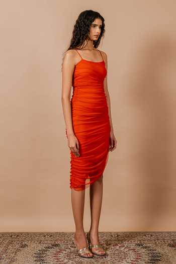Swatee Singh Orange Crepe, Lace Square Neck Liora Polka Dress Online at Aza Fashions Swatee Singh_Orange Crepe, Lace Square Neck Liora Polka Dress_Online_at_Aza_Fashions