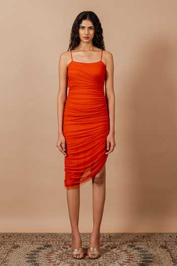 Buy Swatee Singh Orange Crepe, Lace Square Neck Liora Polka Dress Online at Aza Fashions Buy_Swatee Singh_Orange Crepe, Lace Square Neck Liora Polka Dress_Online_at_Aza_Fashions