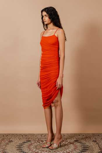 Shop Swatee Singh Orange Crepe, Lace Square Neck Liora Polka Dress Online at Aza Fashions Shop_Swatee Singh_Orange Crepe, Lace Square Neck Liora Polka Dress_Online_at_Aza_Fashions